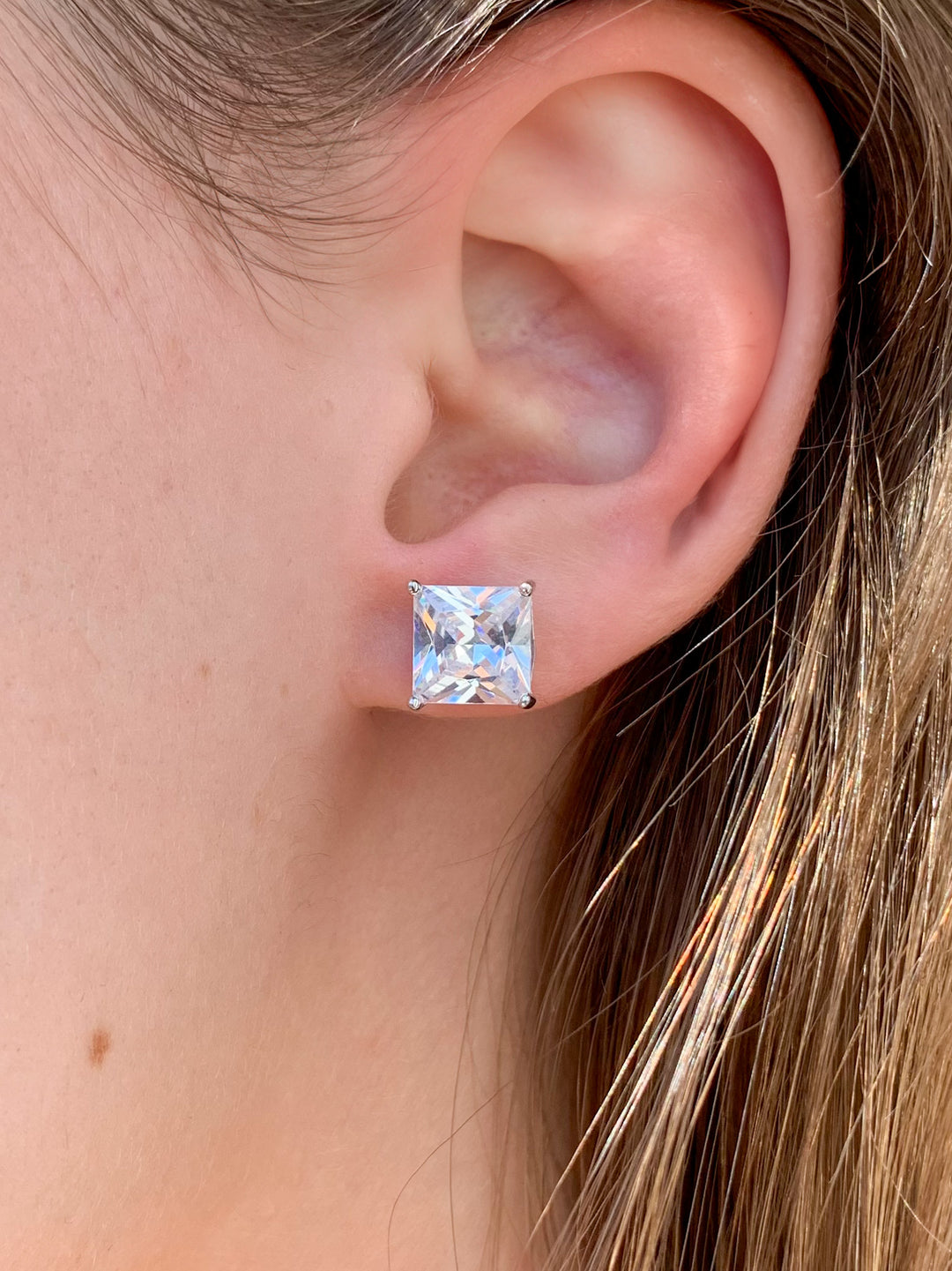 Sterling Silver 8mm Princess Cut C.Z Stud Earrings.