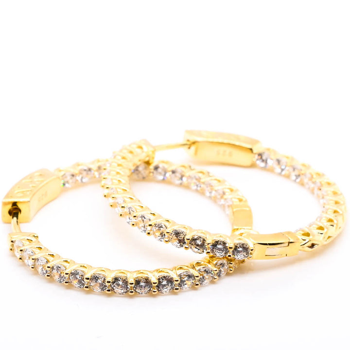 Black Friday Special Sterling Silver Gold Vermeil 35mm Cubic Zirconia Hoop Earrings.