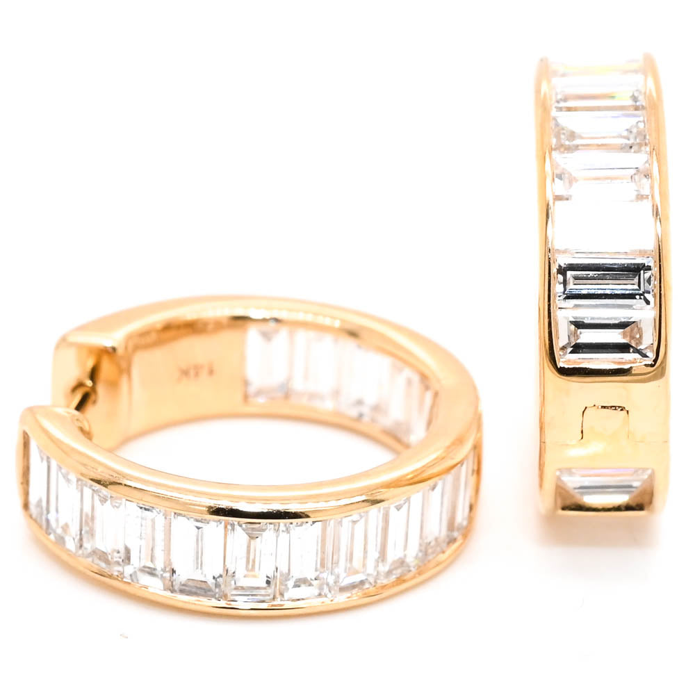 14KT Yellow Gold 3.38CTW LAB Created Baguette Diamond Huggie Earrings.