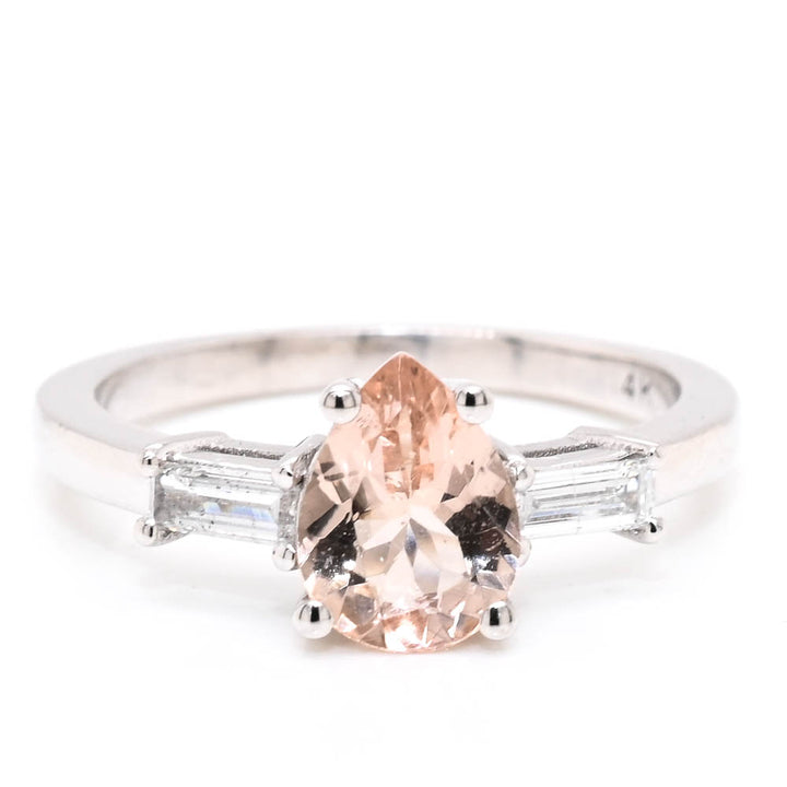 14KT White Gold 0.90CT Pear Shape Morganite & Diamond Trinity Ring.