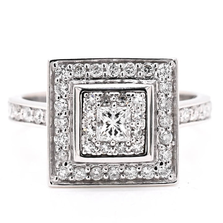 14KT White Gold 0.50CTW Princess Cut Diamond Halo Set Engagement Ring.