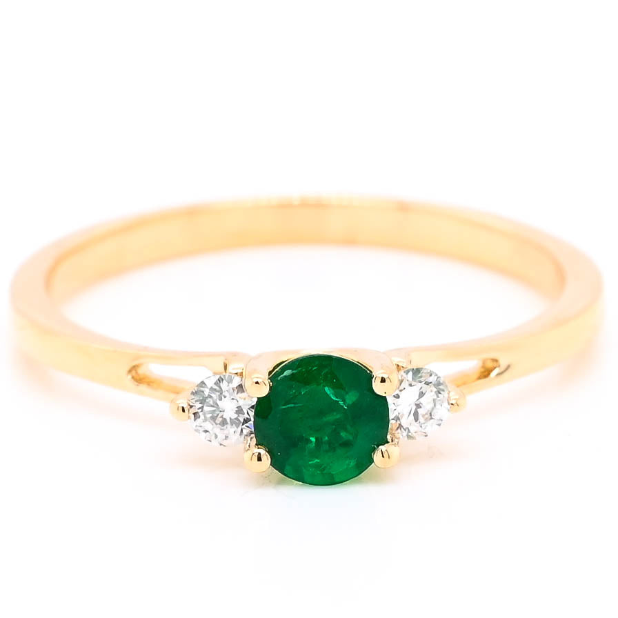 graziella 14KT Yellow Gold 0.30CT Round Shape Emerald and Diamond Ring