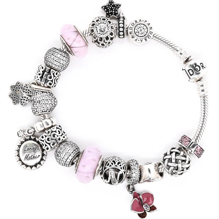 Pre-Owned Gently Worn Authentic Pandora Seterling Silver 19cm Bracelet with 17 Assorted Pandora  Charms.
