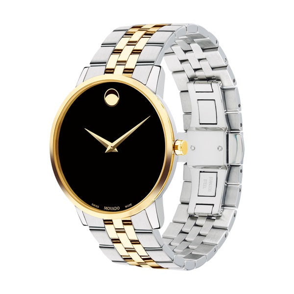 Movado Museum Classic watch, 40 mm stainless steel and yellow gold PVD-finished case, black Museum dial with yellow gold-toned dot and hands, stainless steel and yellow gold PVD-finished link Bracelet with Deployment Clasp.0607200