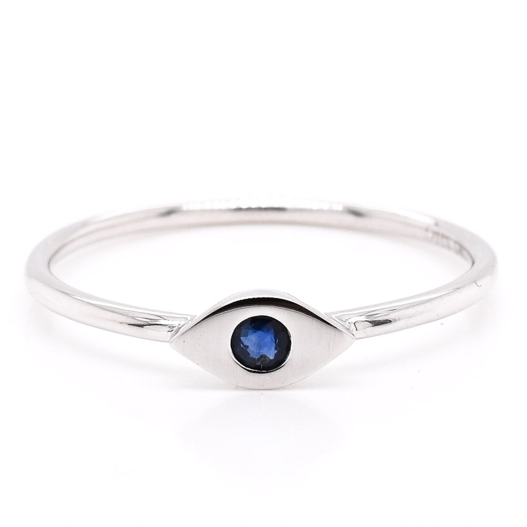14KT White Gold 0.05CT Round Blue Sapphire Evileye Ring.