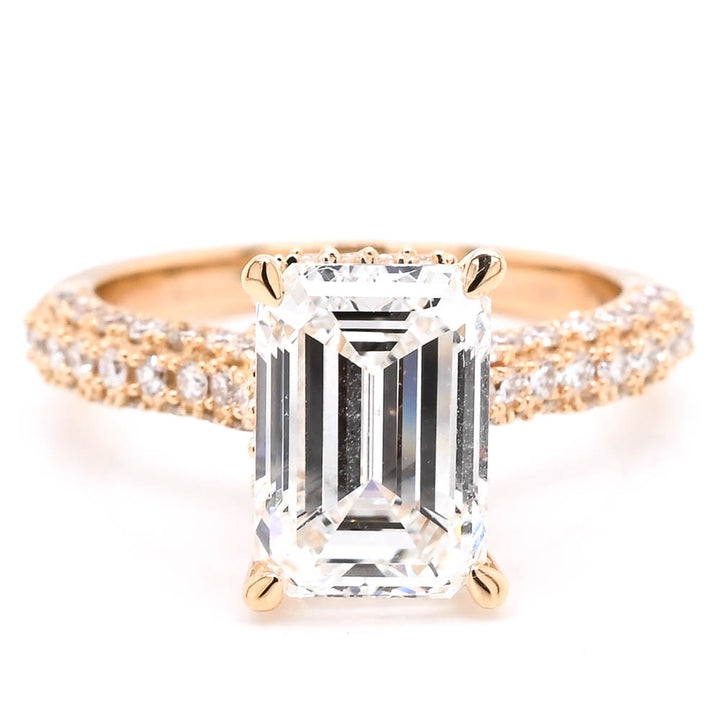 14KT Yellow Gold 3.55CTW Emerald Shape LAB Created Diamond Engagement Ring.