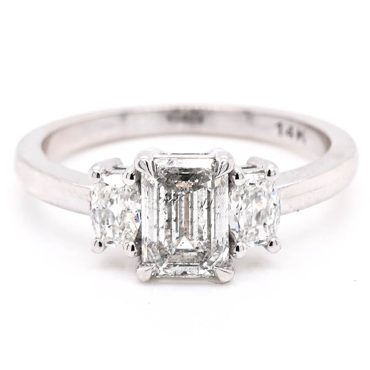 14KT White Gold 1.44CTW Emerald Shape 3 Stone Diamond Engagement Ring.