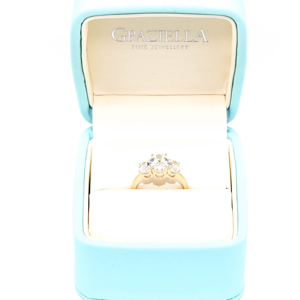 10KT Yellow  Gold 2.50CTW Oval Shape Lab Created Diamond 3 Stone Engagement Ring.