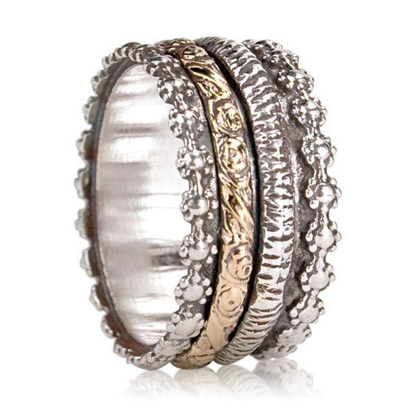 Prayer Meditation Ring. Sterling Silver and 9KT. Size 8.
