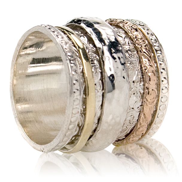 Namaste Meditation Ring. Sterling Silver and 10KT Rose and Yellow Gold. Size 9.