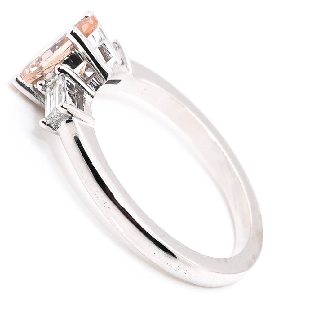 14KT White Gold 0.90CT Pear Shape Morganite & Diamond Trinity Ring.