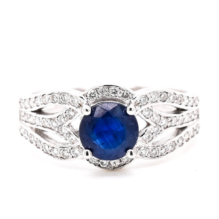 14KT White Gold 0.80CT Round Brilliant Blue Sapphire & Diamond Ring.