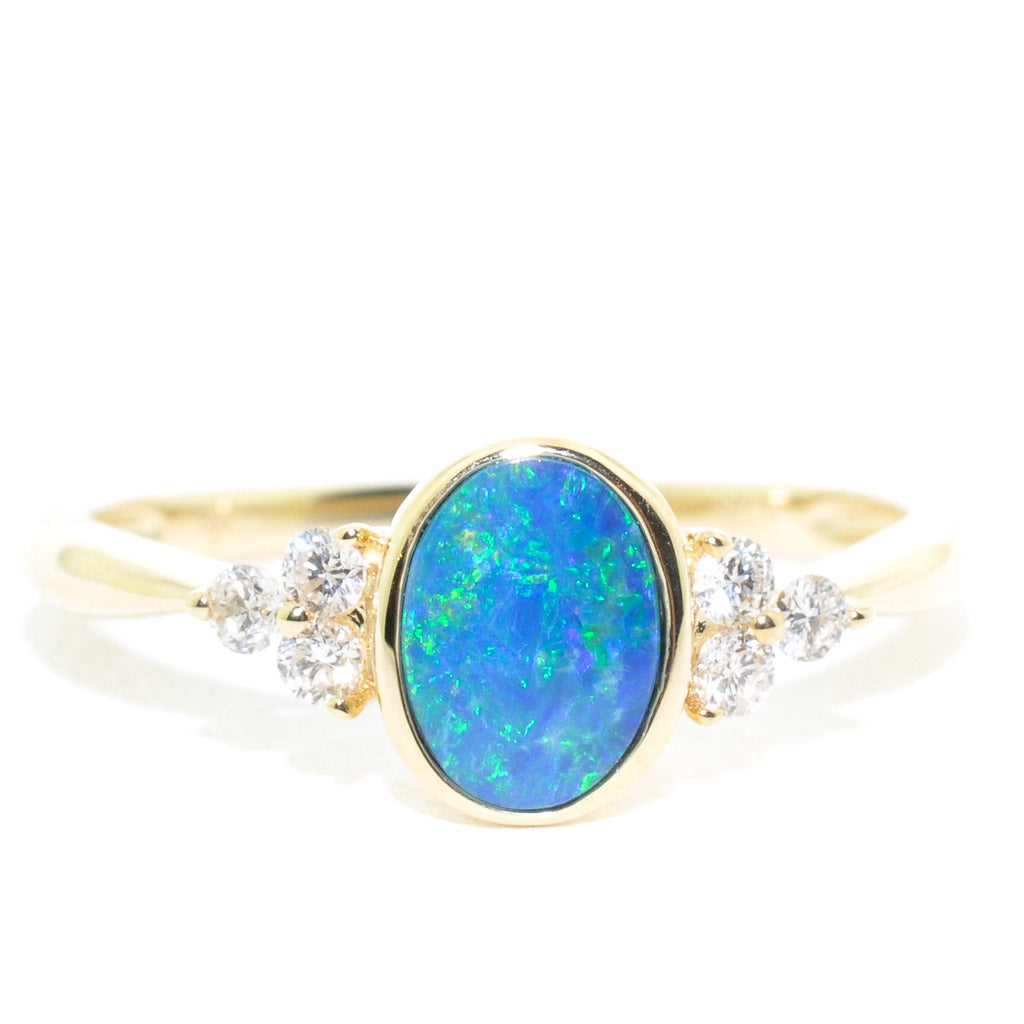 10KT Yellow Gold Opal Doublet and Diamond Ring.