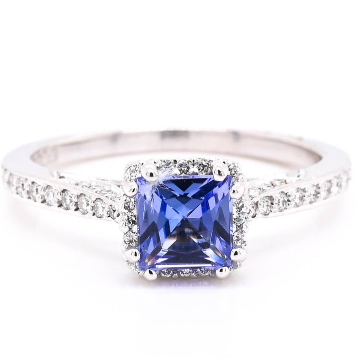 18KT White Gold 0.66CT Princess Cut Tanzanite & Diamond Tacori Halo Set Ring.