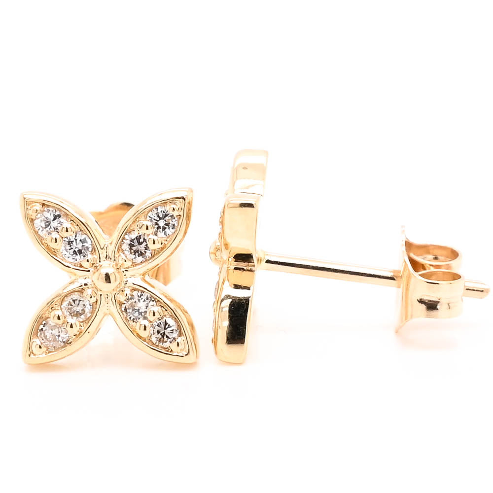 14KT Yellow Gold 0.16CTW Diamond Flower Stud Earrings.