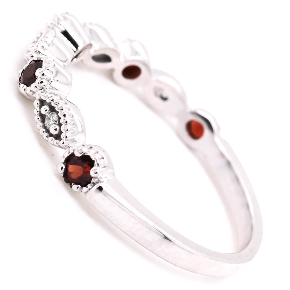 10KT White Gold Garnet & Diamond Band.