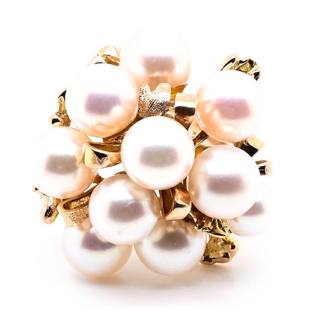 14KT Yellow Gold 6.8-7mm Akoya Cultured Pearl Cluster Ring.