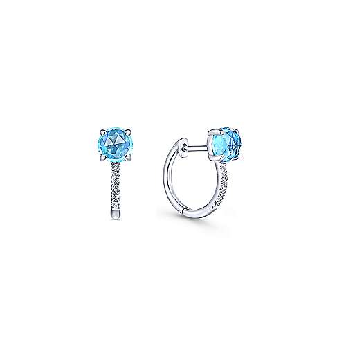 Gabriel & Co 14K White Gold 10mm Blue Topaz and Diamond Huggies Earrings.