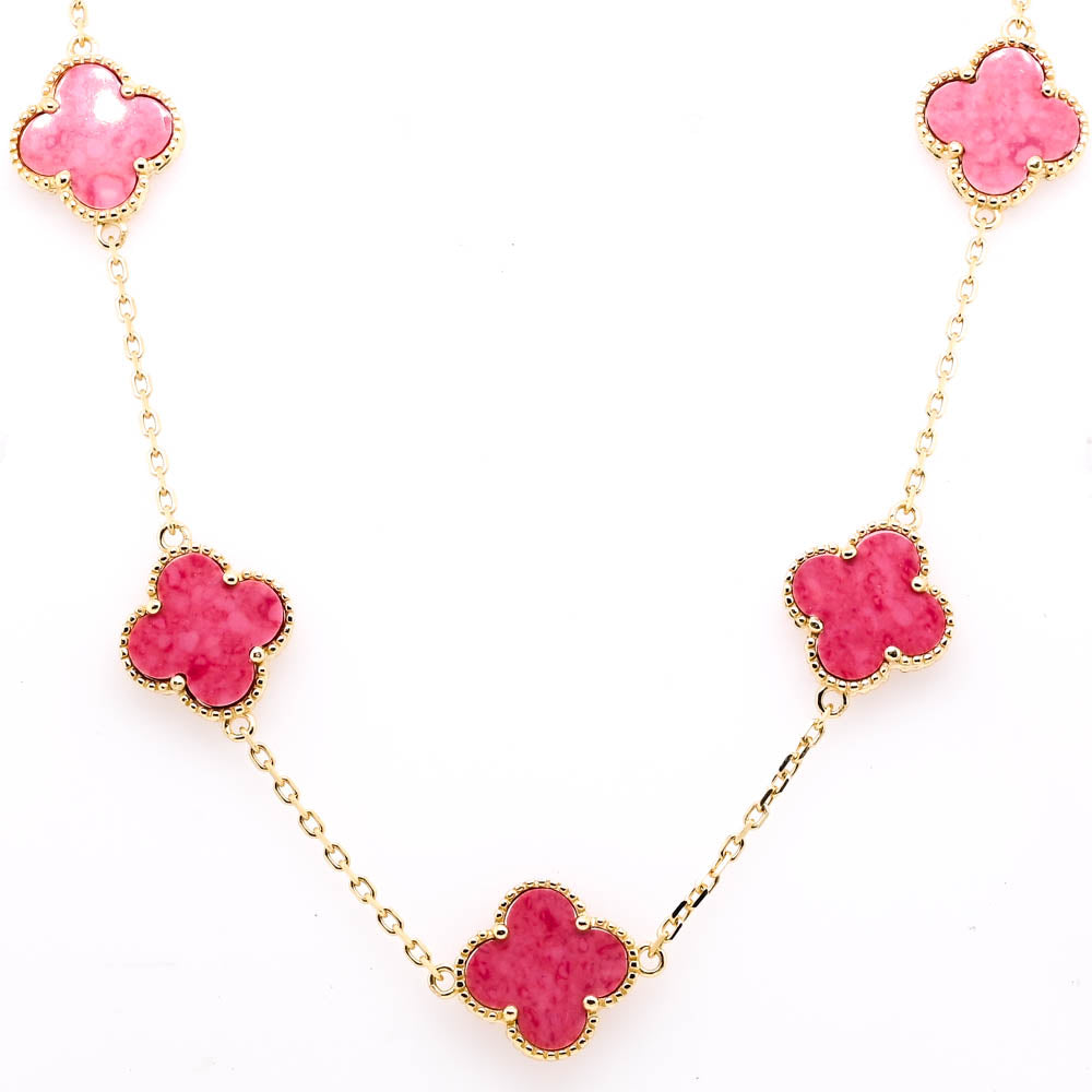 Sterling Siilver 14KT Yellow Gold Plated 24" Pink Rhodonite Multi Clover Necklace.