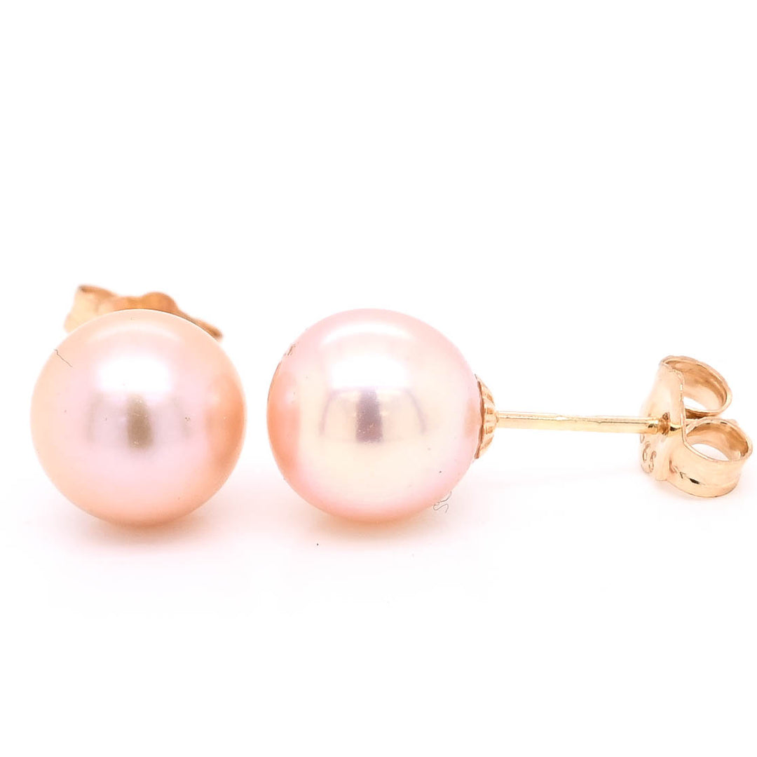 14KT Yellow Gold 8.5-9mm Pink Pearl Stud Earrings.