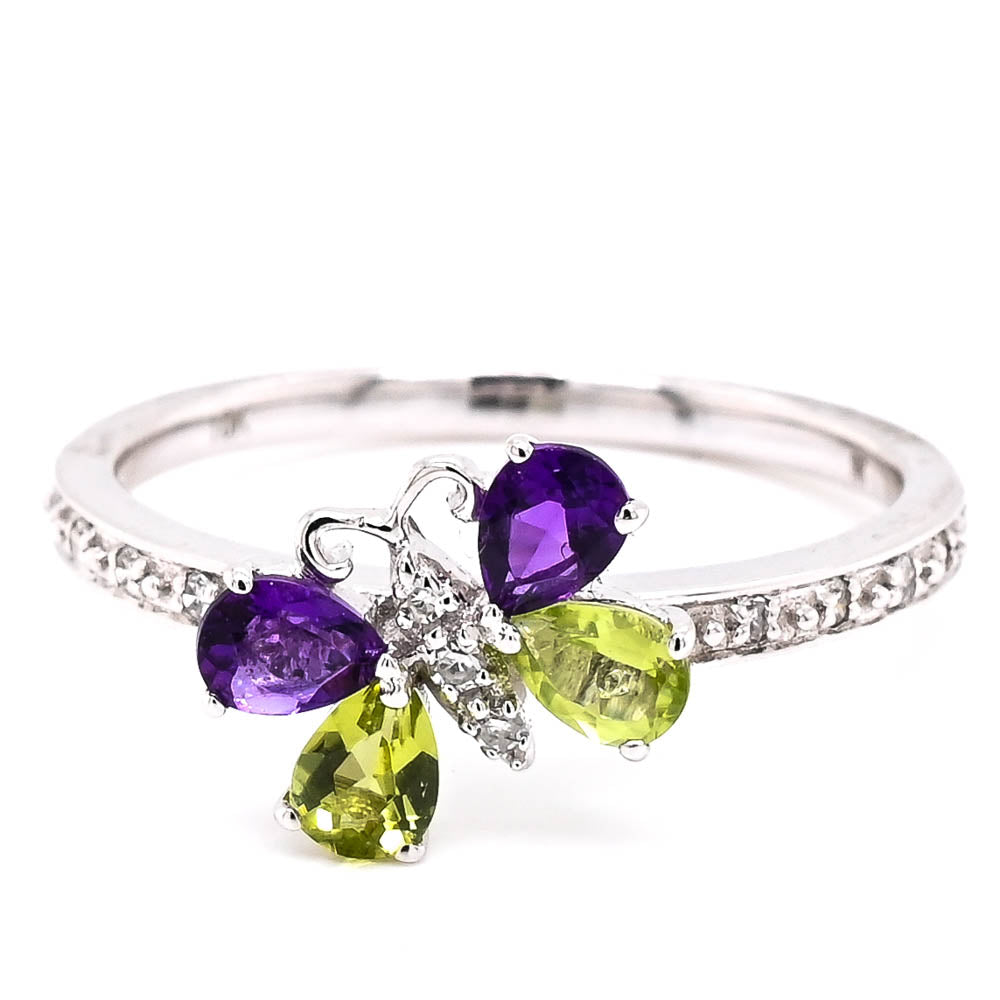 graziella 10KT White Gold Amethyst Peridot & Diamond Butterfly Ring