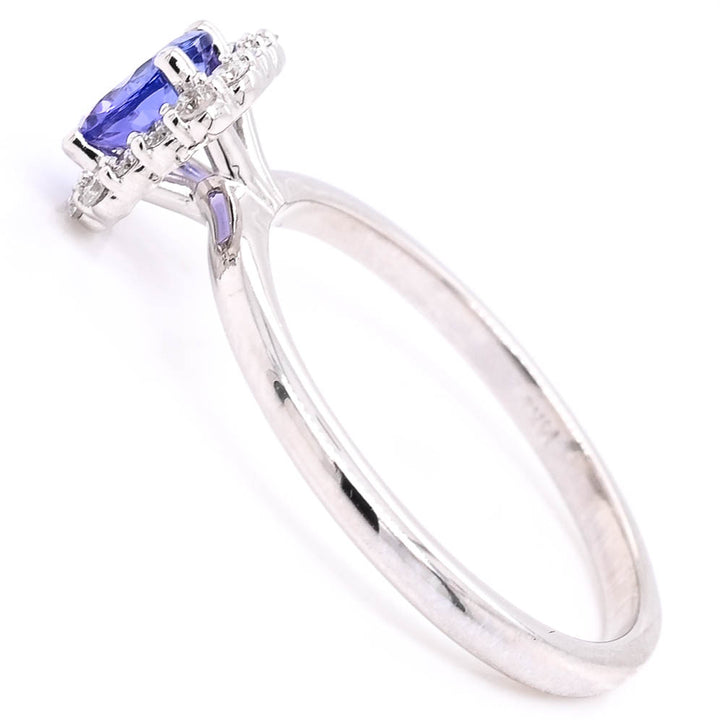 14KT White Gold 0.58CT Round Shape Tanzanite & Diamond Halo Set Ring.