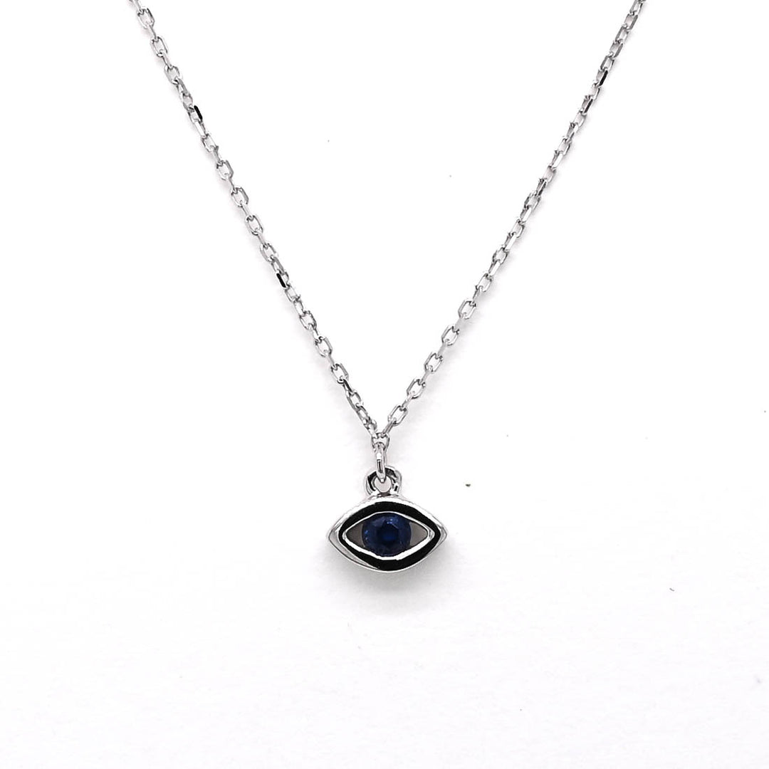 14KT White Gold 18" Round Shape Blue Sapphire Evileye Necklace.