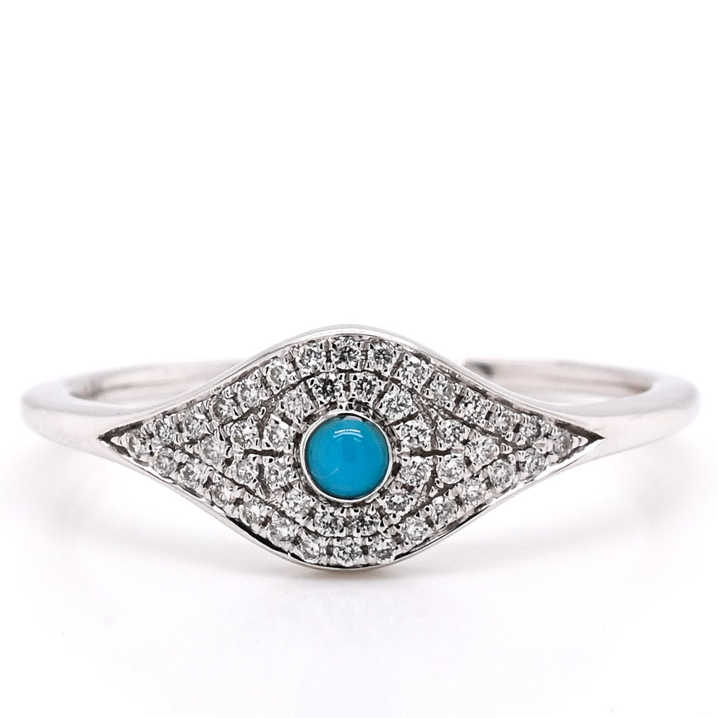 14KT White Gold 0.11CTW Diamond and Turquoise Evil Eye Ring.