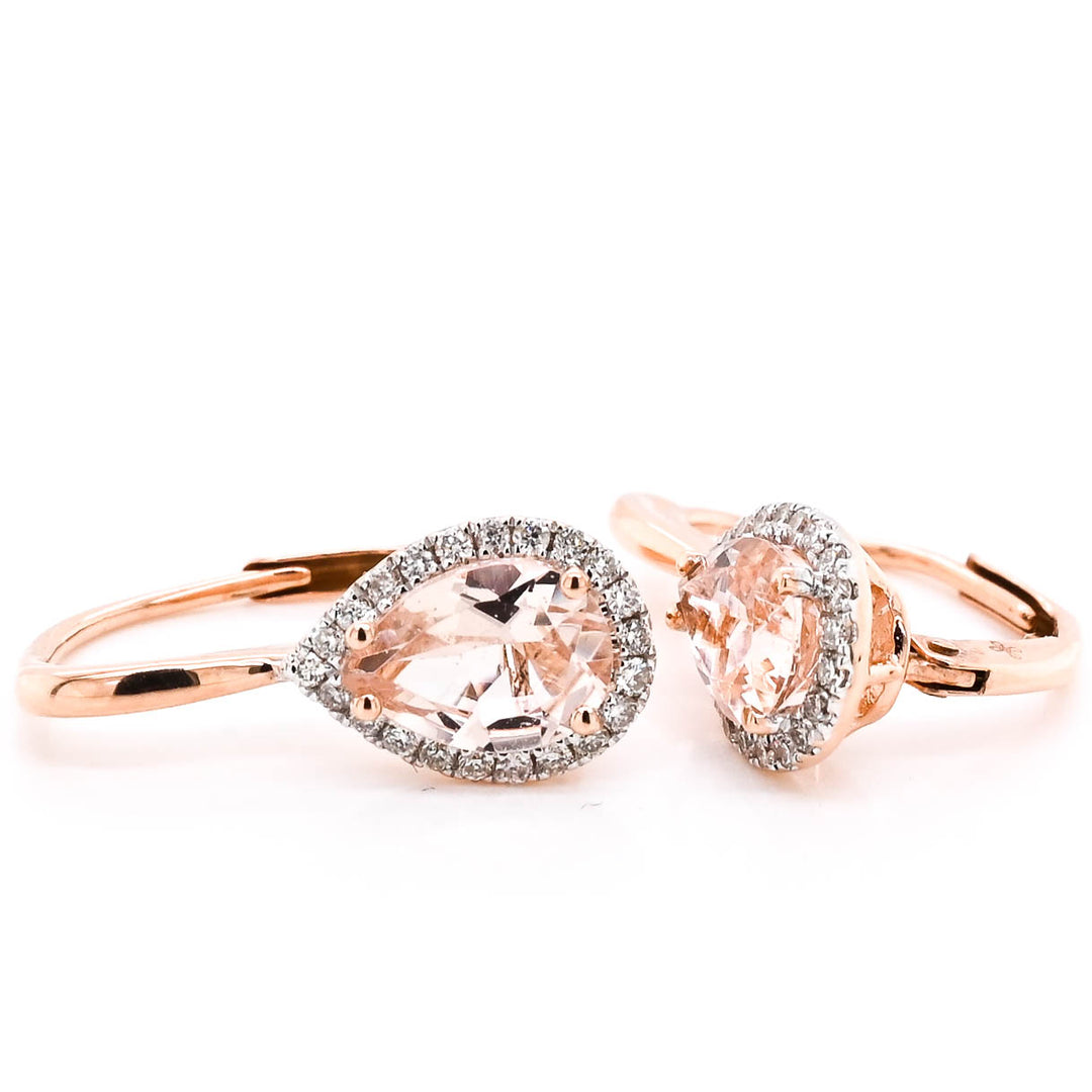 10KT Rose Gold Pear Shape Morganite & Diamond Halo Set Lever Back Earrings.