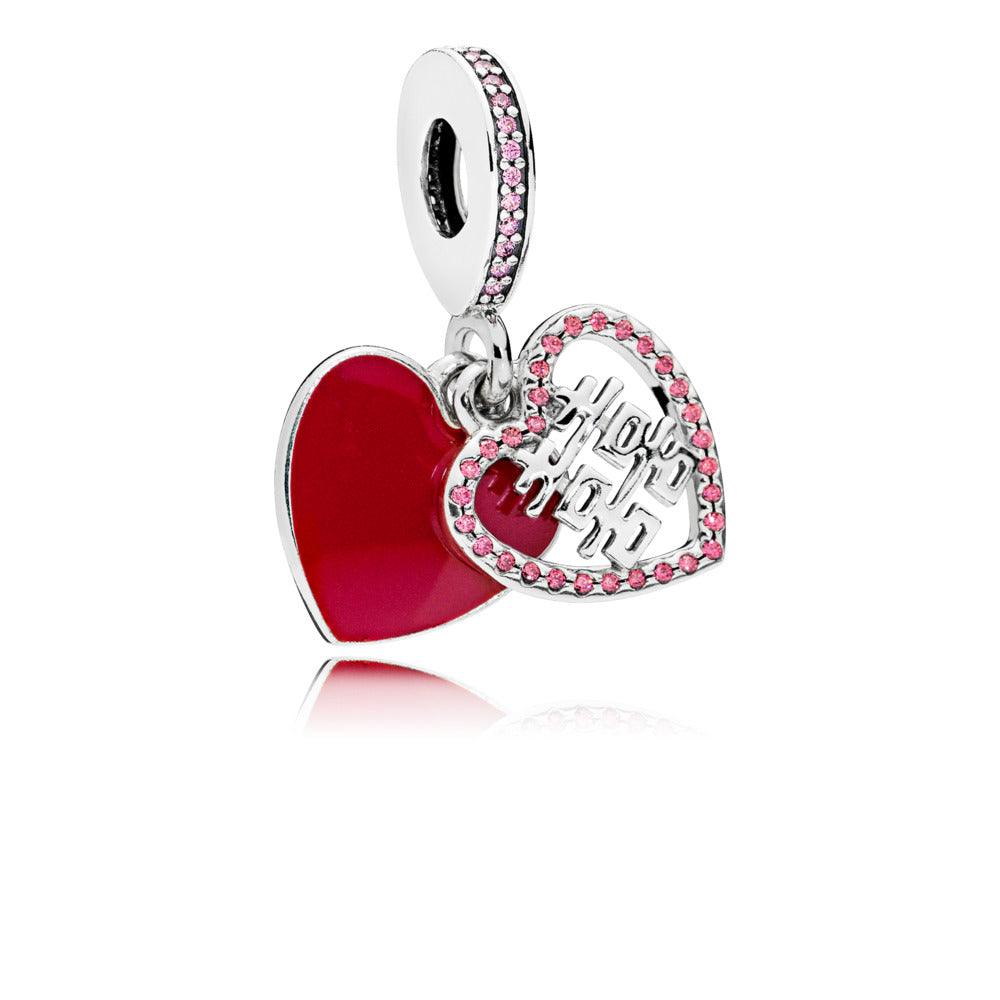 Double Happiness Heart, Crimson Red Enamel & Multi-Colored CZ