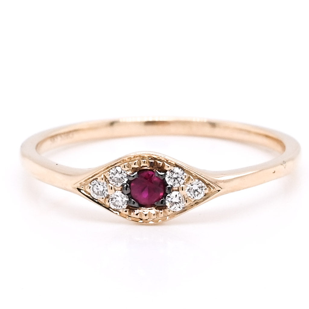 14KT Yellow Gold 0.05CT Round Ruby & Diamond Evileye Ring.