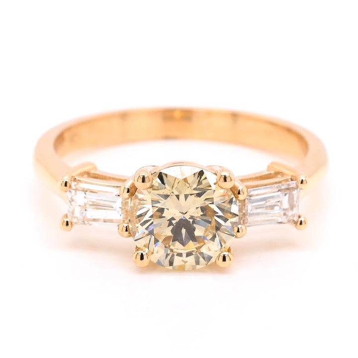14KT Yellow Gold 1.68CTW Round Brilliant Diamond 3 Stone Engagement Ring.
