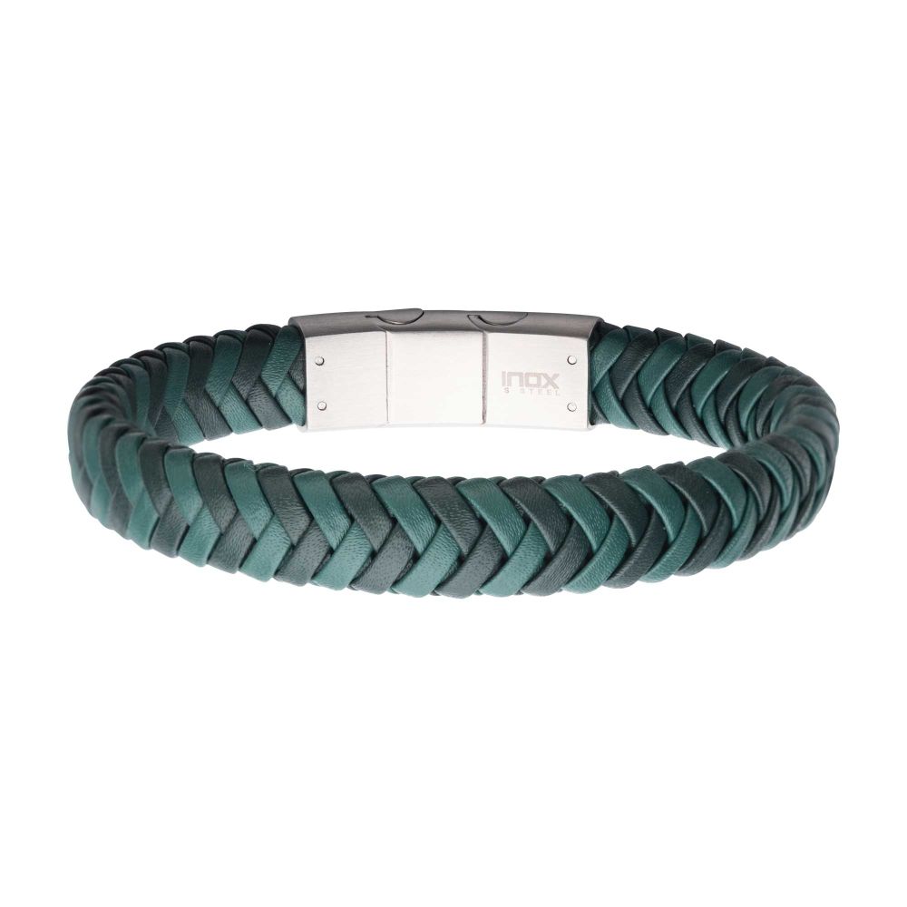 INOX Stainless Steel 8.5" Two-tone Green Leather Bracelet.