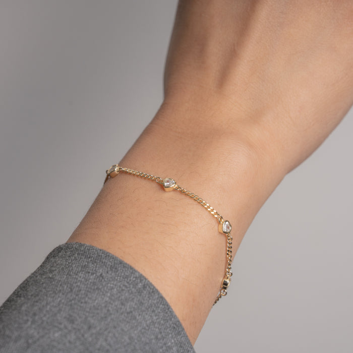 Sterling Silver Gold Vermeil 7.5" CZ Curb Chain Heart by the Yard Bracelet