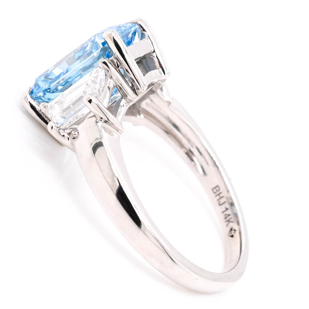 14KT White Gold 4.00CTW Radiant Cut Fancy Blue LAB Created Diamond 3 Stone Engagement Ring.