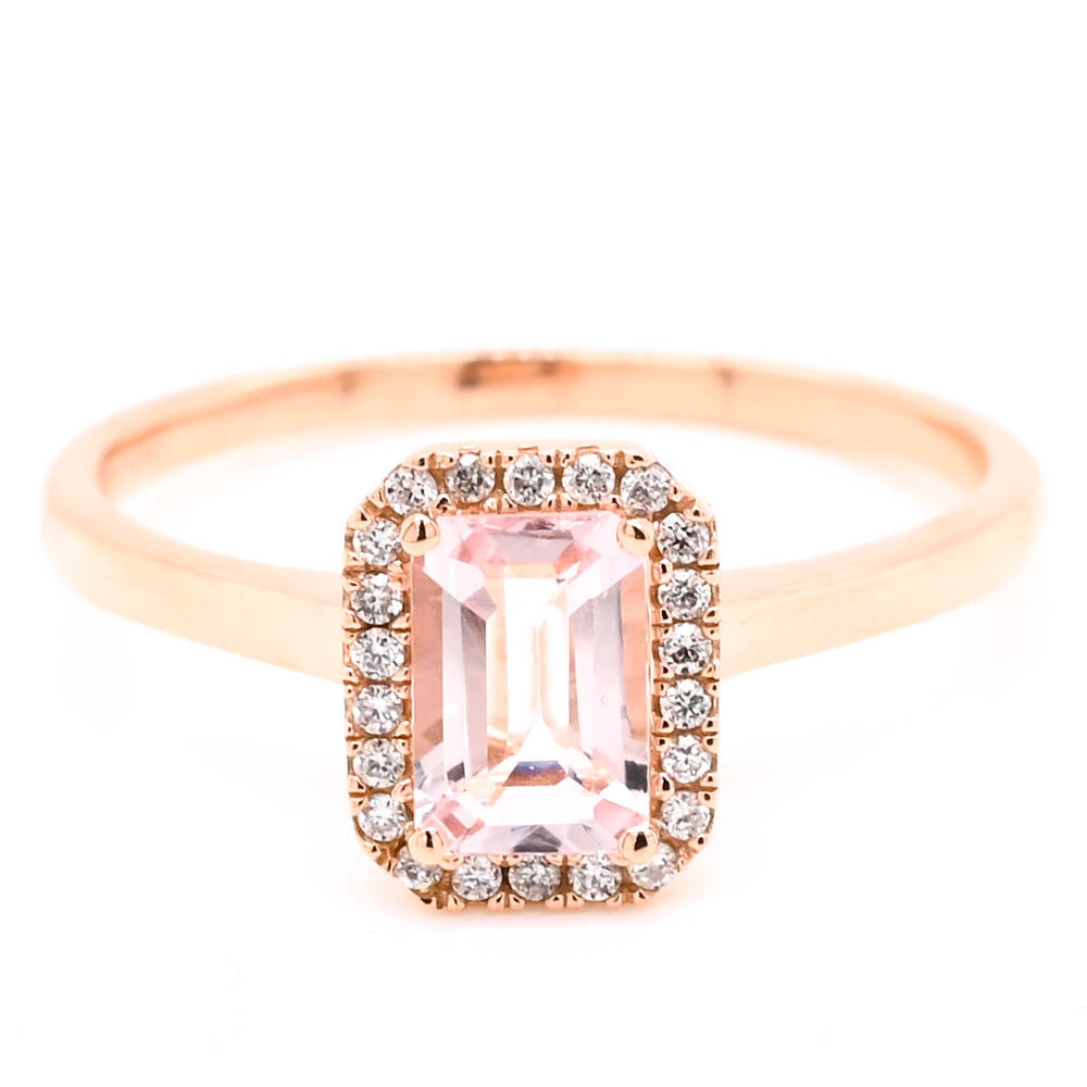 graziella 14KT Rose Gold 0.49CT Emerald shape Morganite & Diamond Ring. Diamo