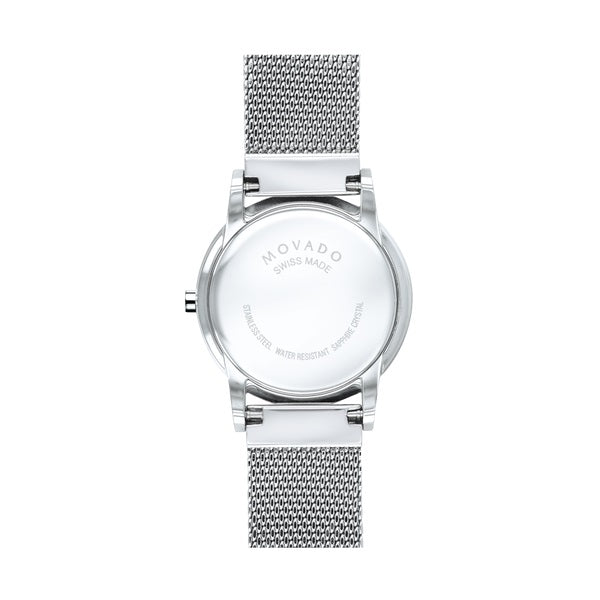 Movado Museum Classic watch, 28 mm stainless steel case, black Museum dial and silver-toned dot and hands, stainless steel mesh bracelet with sliding closure clasp. 0607220.