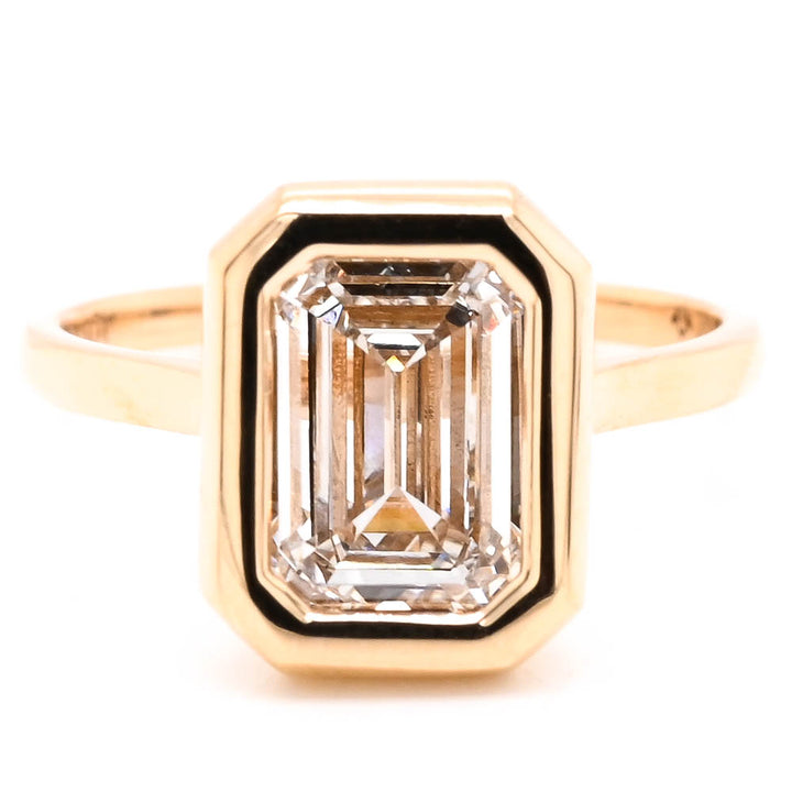 14KT Yellow Gold 3.00CT Emerald Shape LAB Created Bezel Set Diamond Solitaire Engagement Ring.