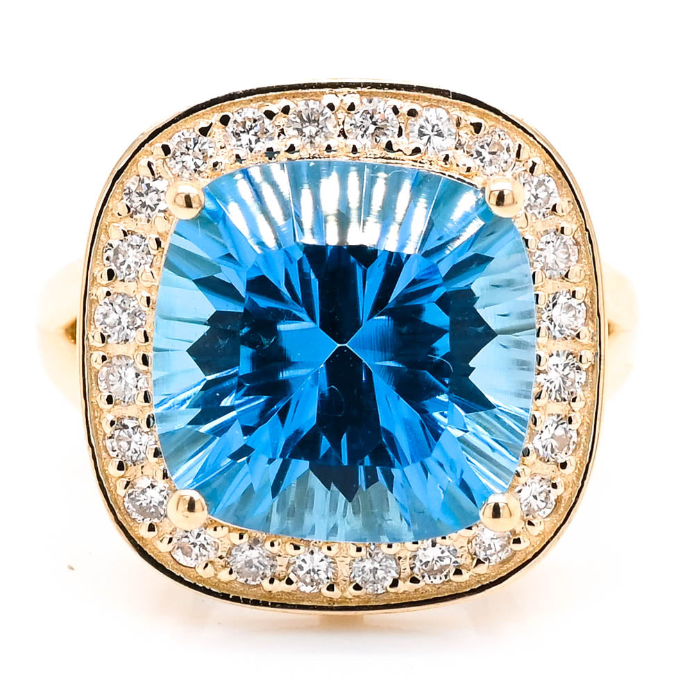 graziella 14KT Yellow Gold 8.40CT Blue Topaz & Diamond Halo Set Ring
