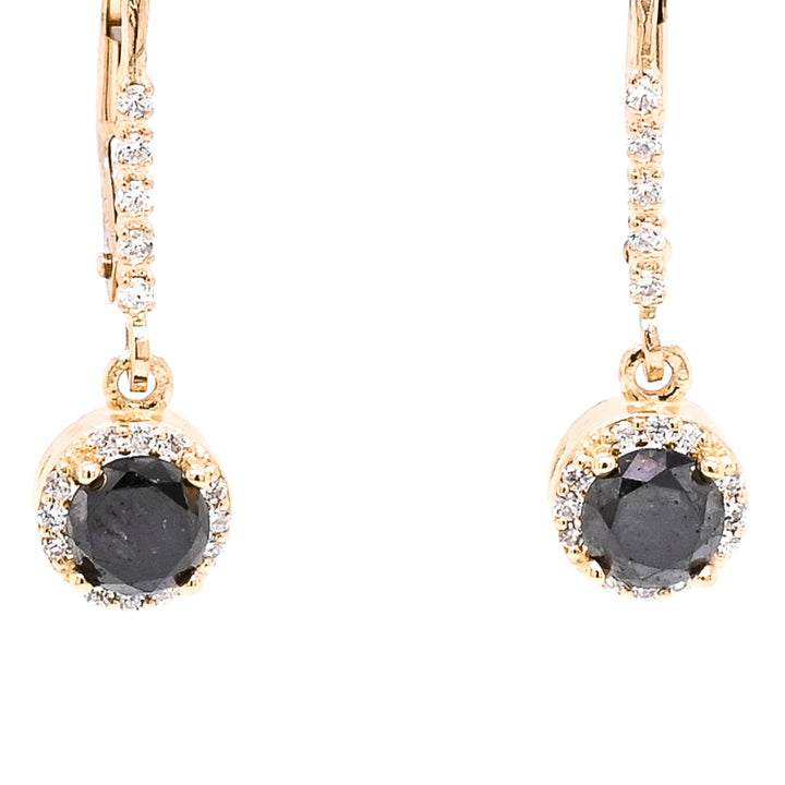 14KT Yellow Gold 1.10CTW Round Brilliant Black & White Diamond Lever Back Earrings.