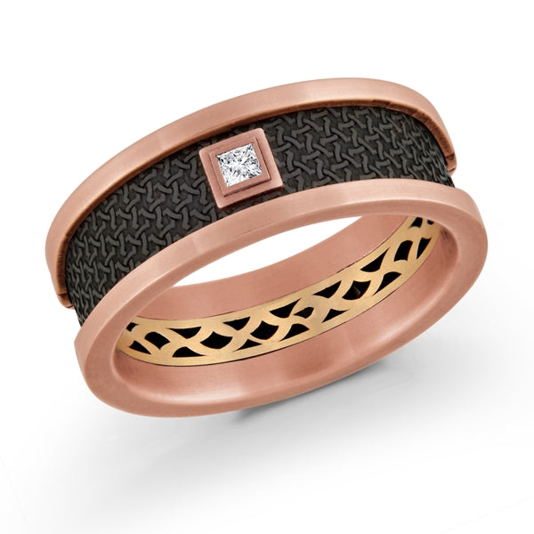 Graziella 14KT Rose and Yellow Gold Band Wth Carbon Fiber Inlay.