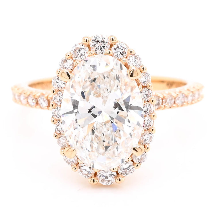 14KT Yellow Gold 3.00CTW Oval Shape LAB Created Diamond Halo Set Engagement Ring.
