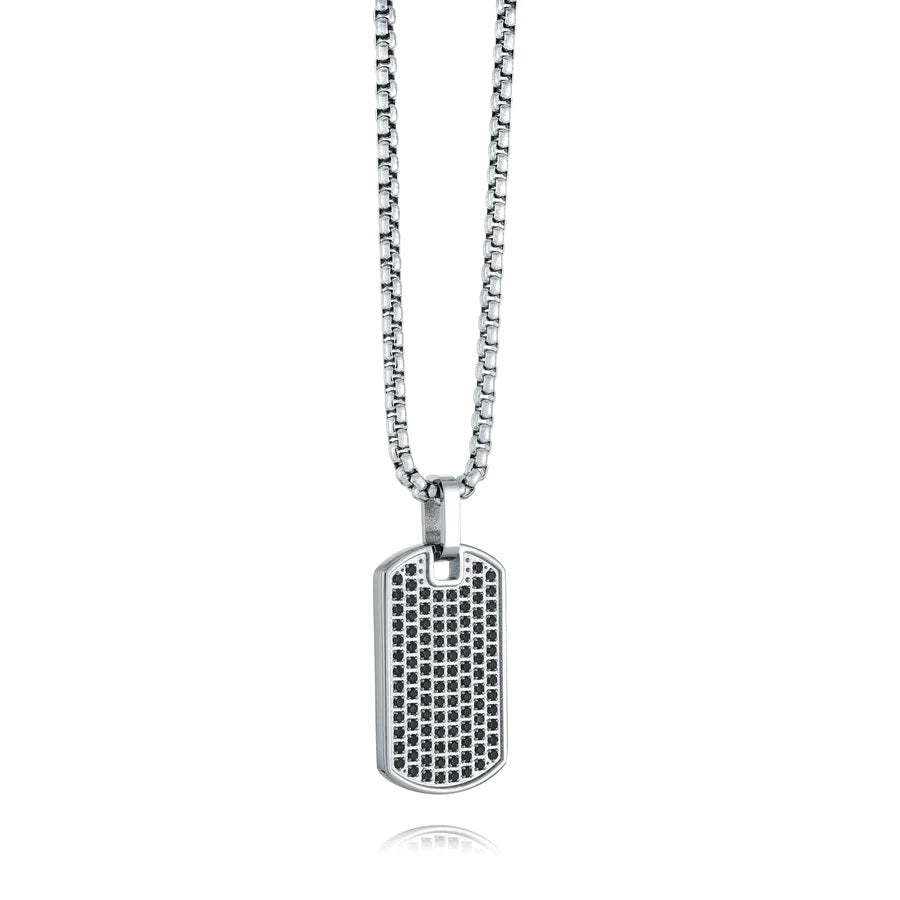 Italgem steel 22: Stainless Steel Black C.Z Dog Tag Necklace.