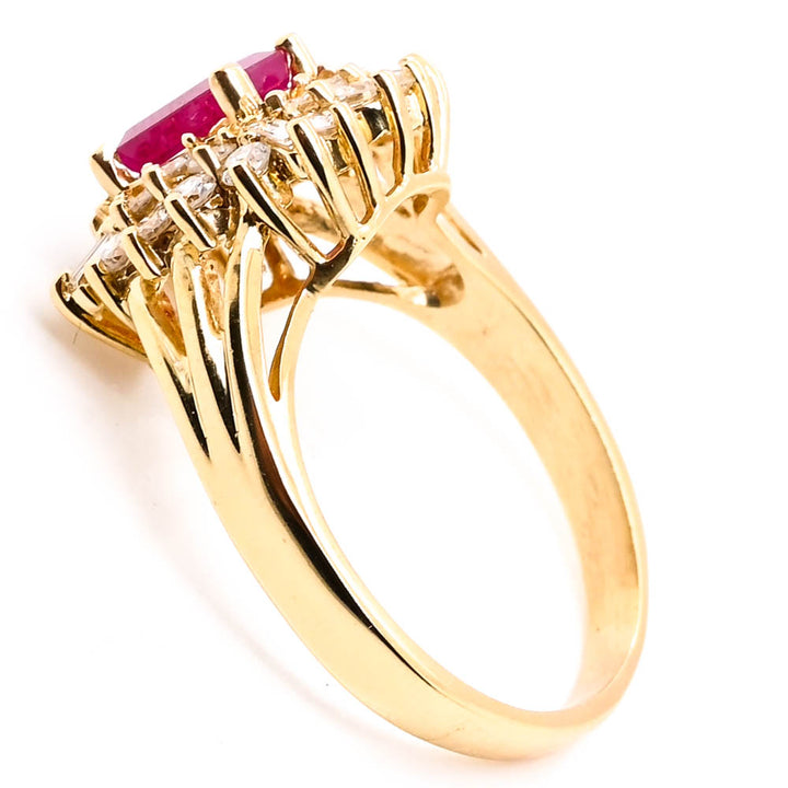 18KT Yellow Gold 1.15CT Emerald Shape Ruby & Diamond Cluster Ring.