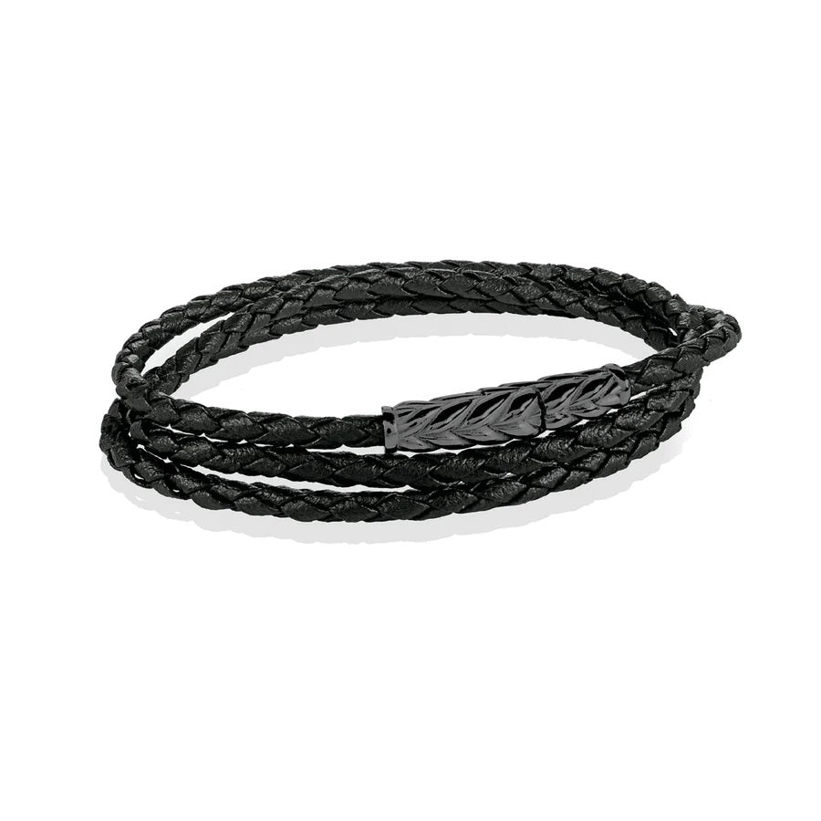 Italgem steel 8" Black Leather Triple Wrap Bracelet.