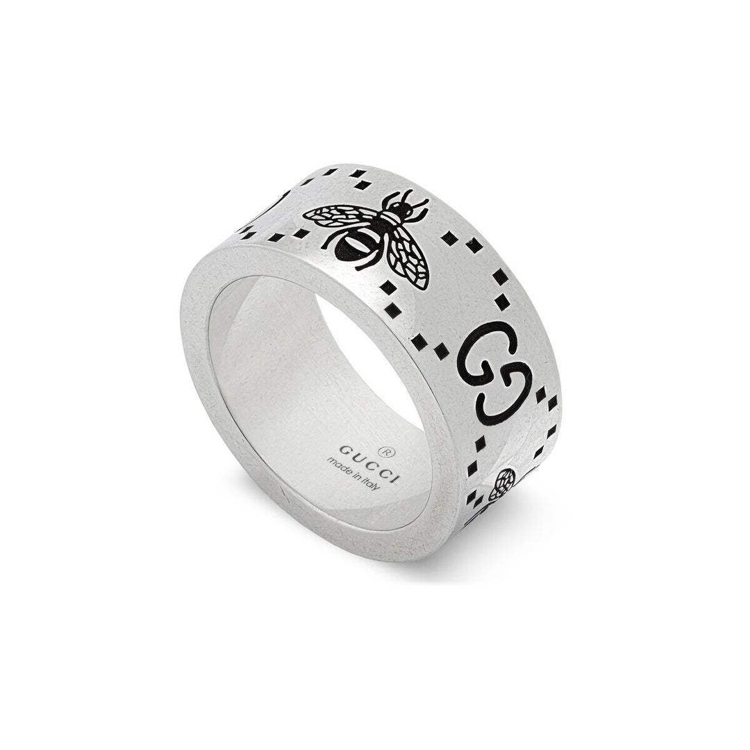 Gucci Sterling Silver GG and Bee Engraved Ring.