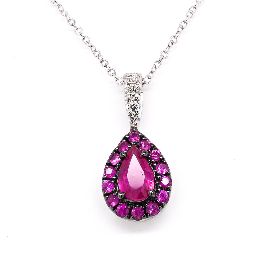 10KT White Gold 18" 0.52CTW Pear Shape Ruby Halo Set Necklace.