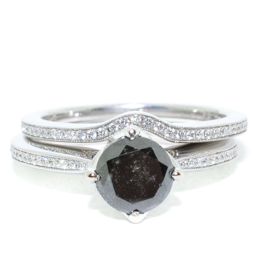 18KT White Gold 1.69CTW Black Round Brilliant Diamond Accented Engagement Ring with Fitted Matching Wedding Band.