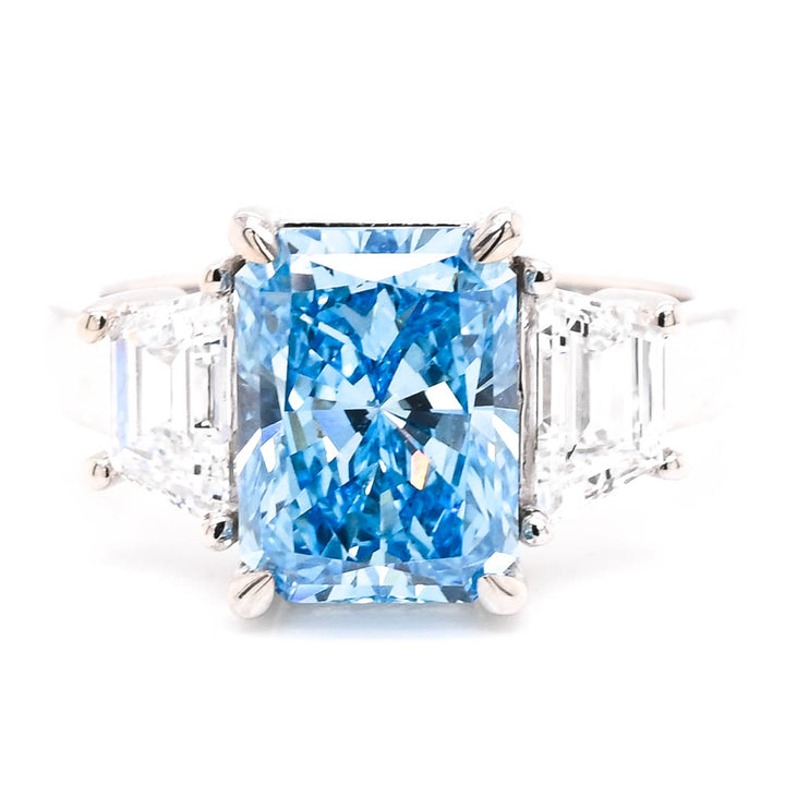 14KT White Gold 4.00CTW Radiant Cut Fancy Blue LAB Created Diamond 3 Stone Engagement Ring.