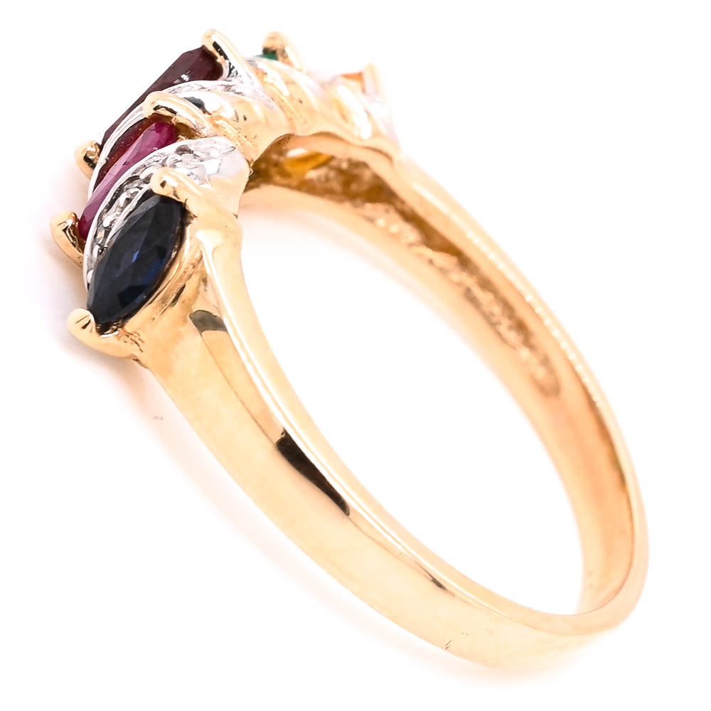 10KT Yellow Gold Multi Coloured Gemstone & Diamond Ring.